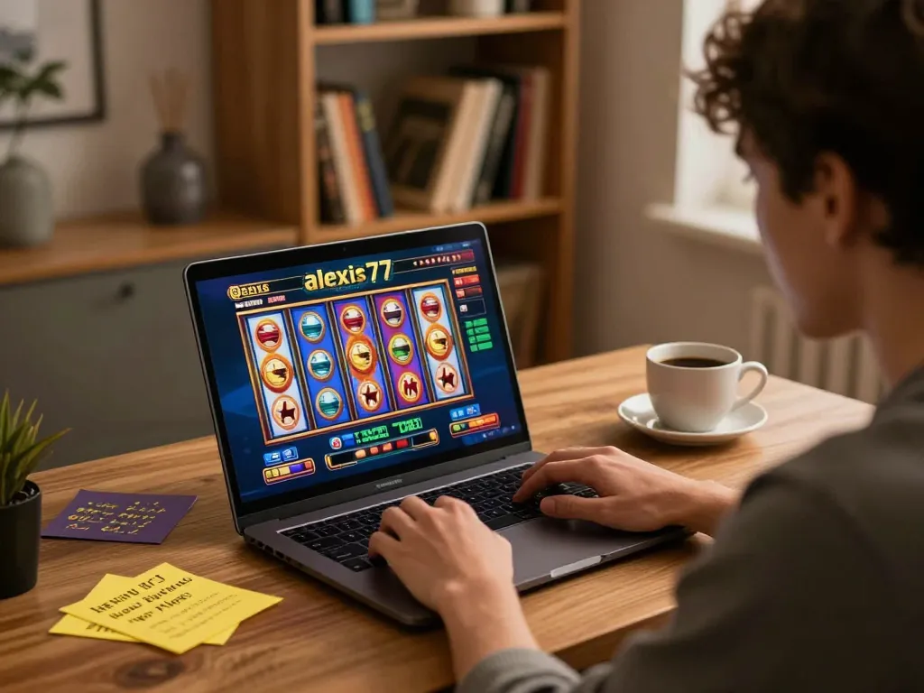 Player enjoying slot games on alexis77 platform in a cozy home office setting.