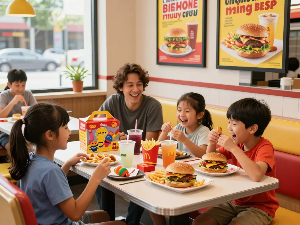 Family enjoying fast food prices at a vibrant restaurant with burgers and fries.