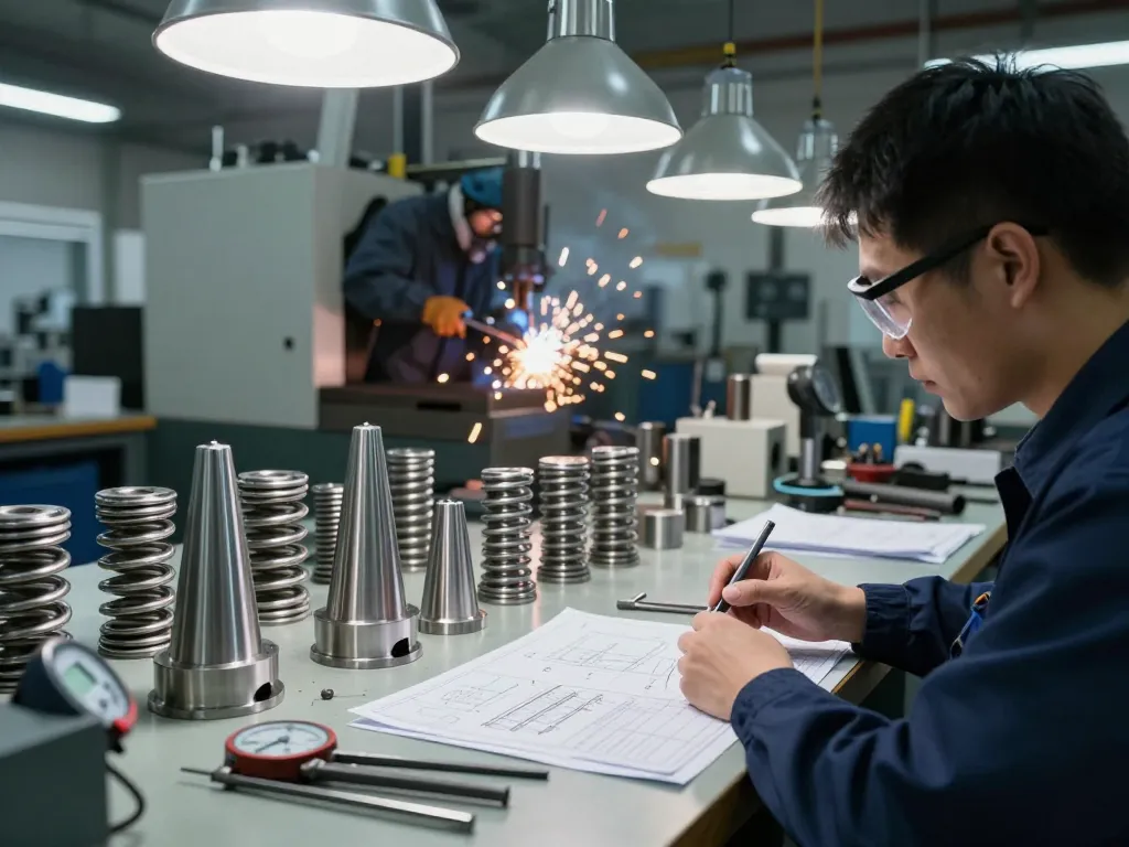Arcuri conice într-un atelier, prezentând diverse materiale și precizia ingineriei.