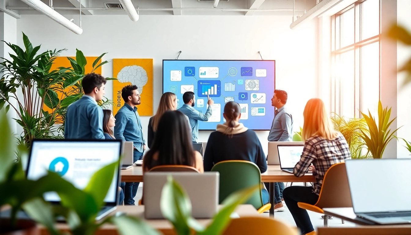 Webdesign agency team collaborating on projects in a vibrant modern office setting.
