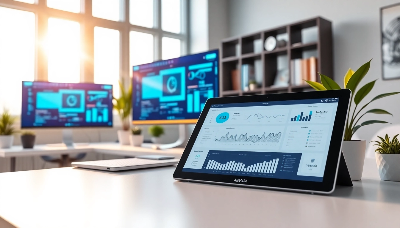 Showcasing innovative ai tools in a modern workspace with multiple screens and a clean desk.
