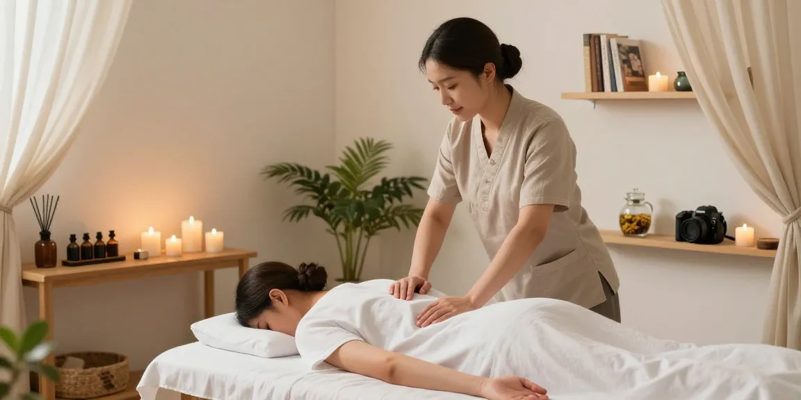 삼성동마사지 전문 테라피스트가 고객에게 관리 중인 이미지로, 편안한 마사지 공간을 보여줍니다.