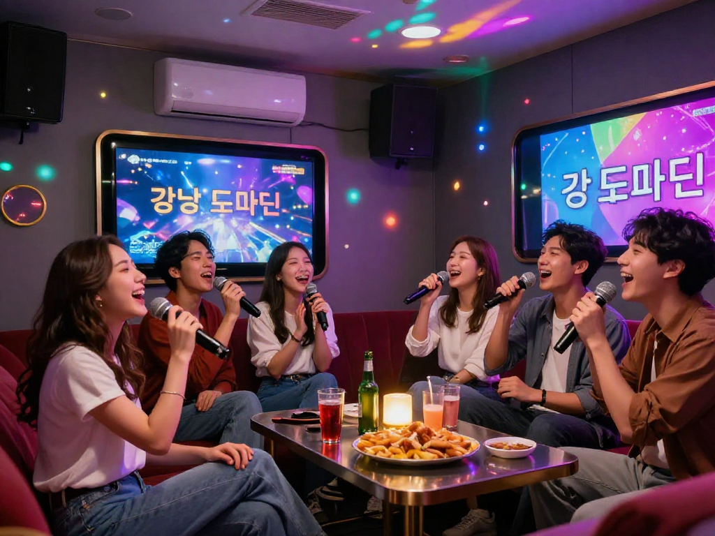 강남 도파민 가라오케에서 친구들이 함께 노래를 부르는 즐거운 장면