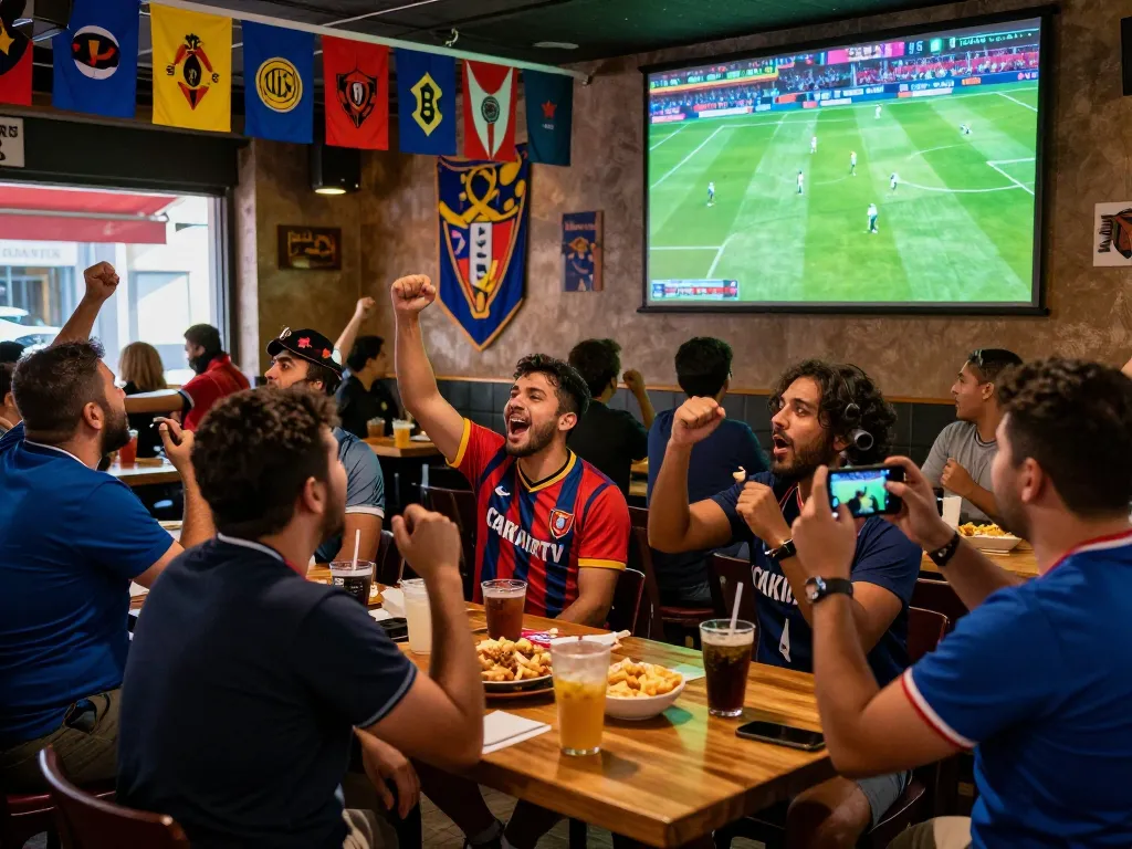 Cakhiatv fans enjoying a vibrant football match experience in a bustling sports bar.