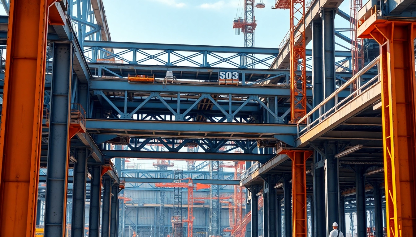 Showcasing a stunning steel structure design with intricate beams and construction setting elements.