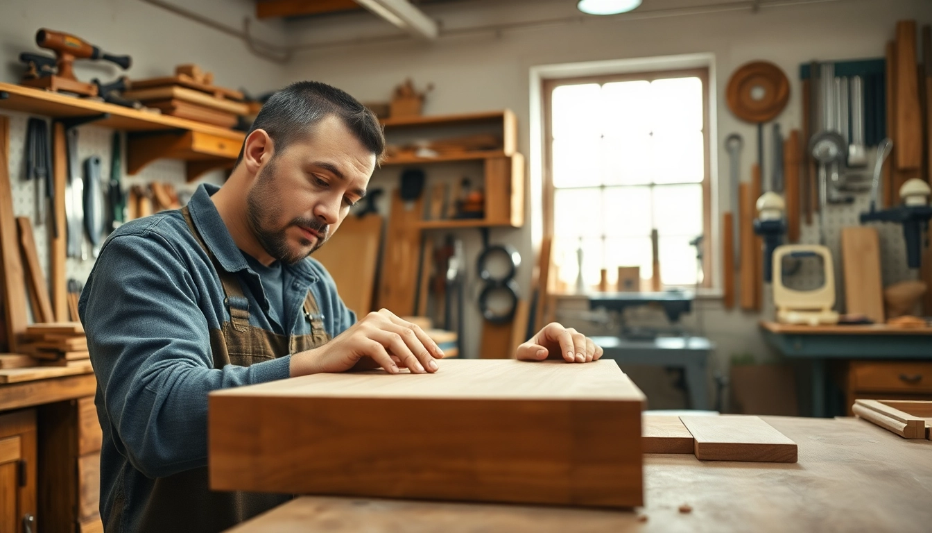 Cabinet maker near me creating fine woodwork in a bright workshop environment.