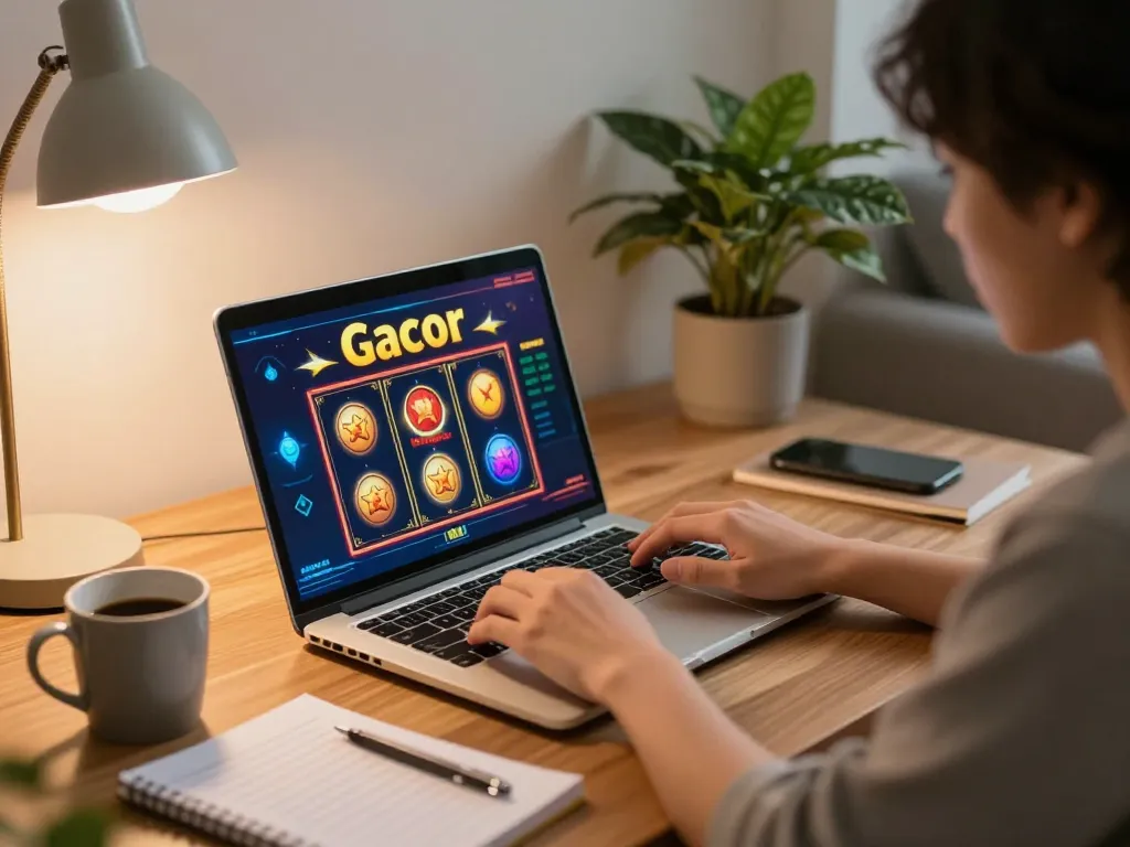 Engaging in slot gacor gampang menang online gaming at home with strategic setup and warm lighting.
