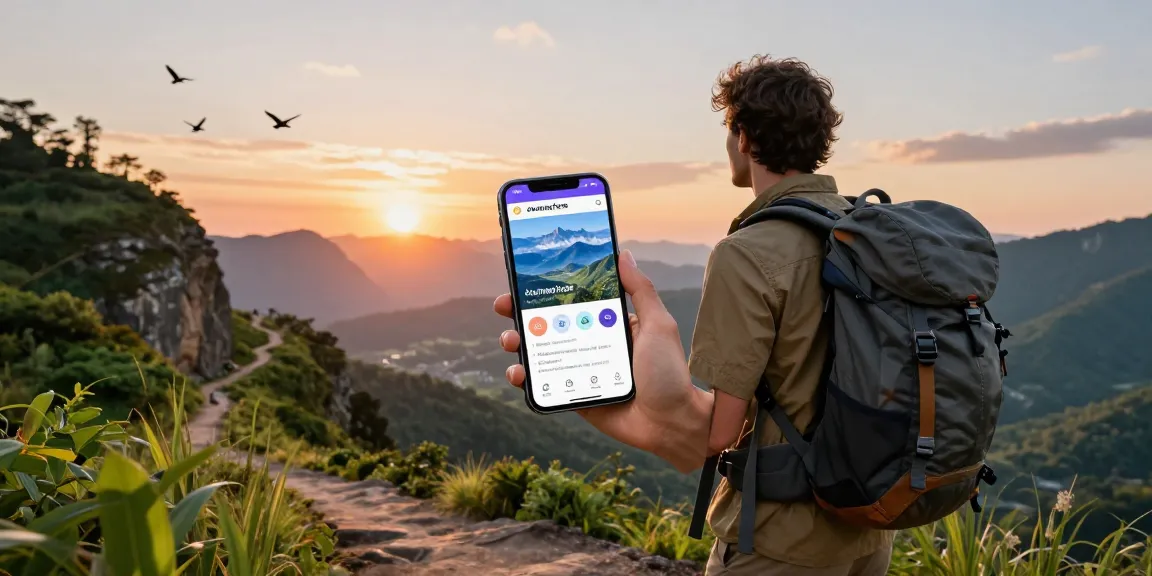 Traveler using travel agent software app on smartphone while exploring a scenic cliffside during sunset.