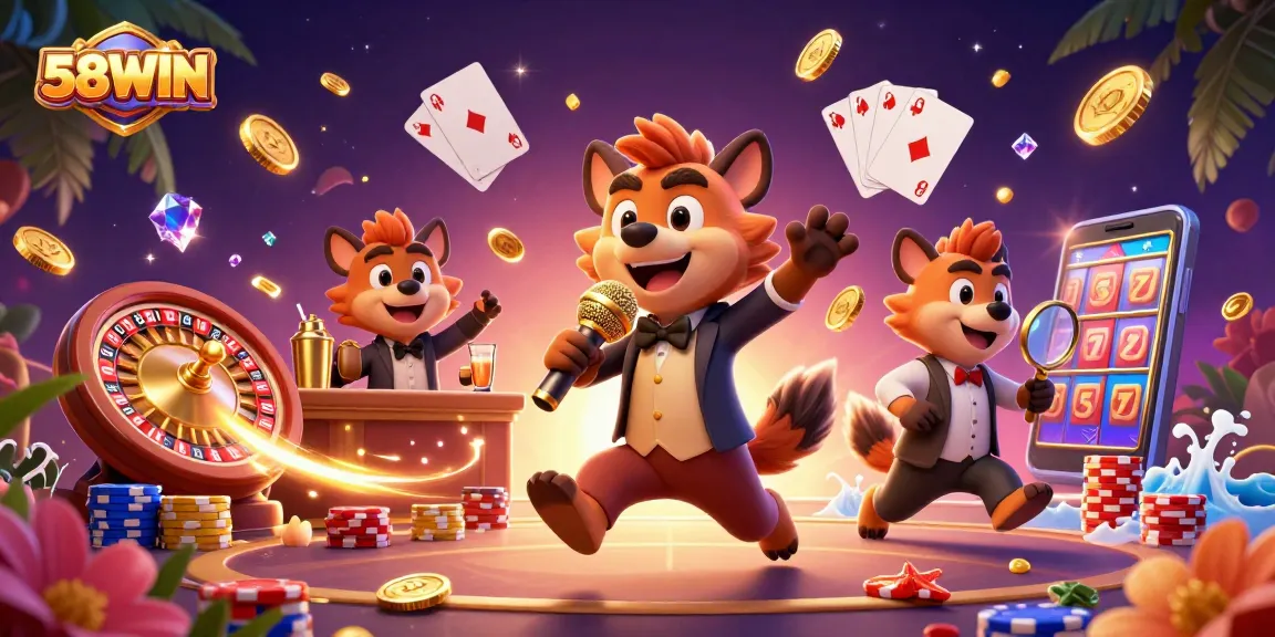 58WIN hyenas comedy casino, featuring a bouncer, bartender, and comedian in vibrant illustration.