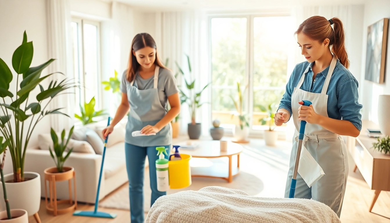 Cleaning service team diligently enhancing a modern home, showcasing eco-friendly practices and teamwork.