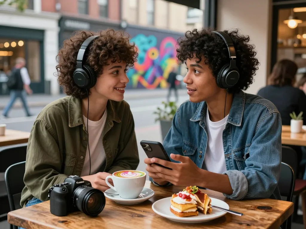 Person enjoying a vibrant café experience while chatting with their girlfriend AI, showcasing urban culture.