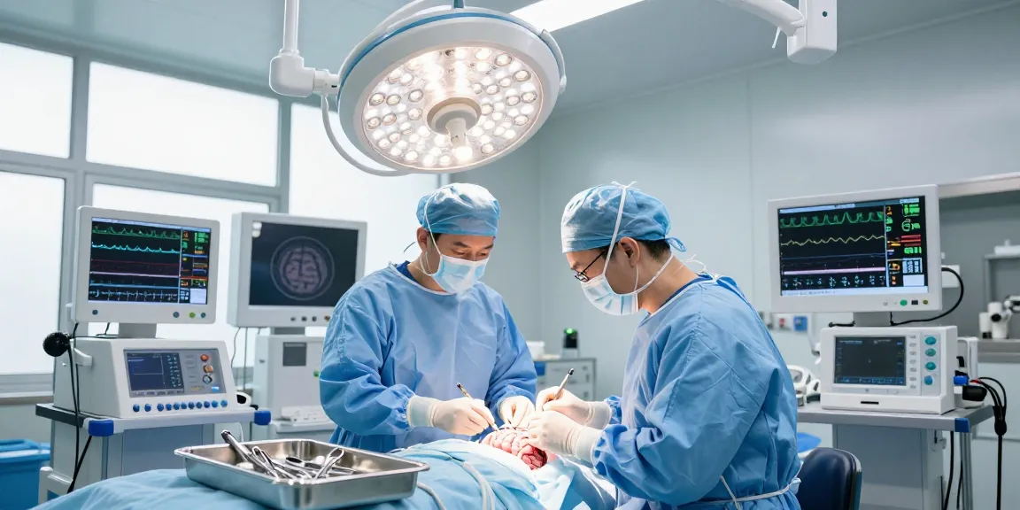 Beyin ameliyatı in progress with neurosurgeon and surgical team in modern operating room, showcasing advanced medical technology.