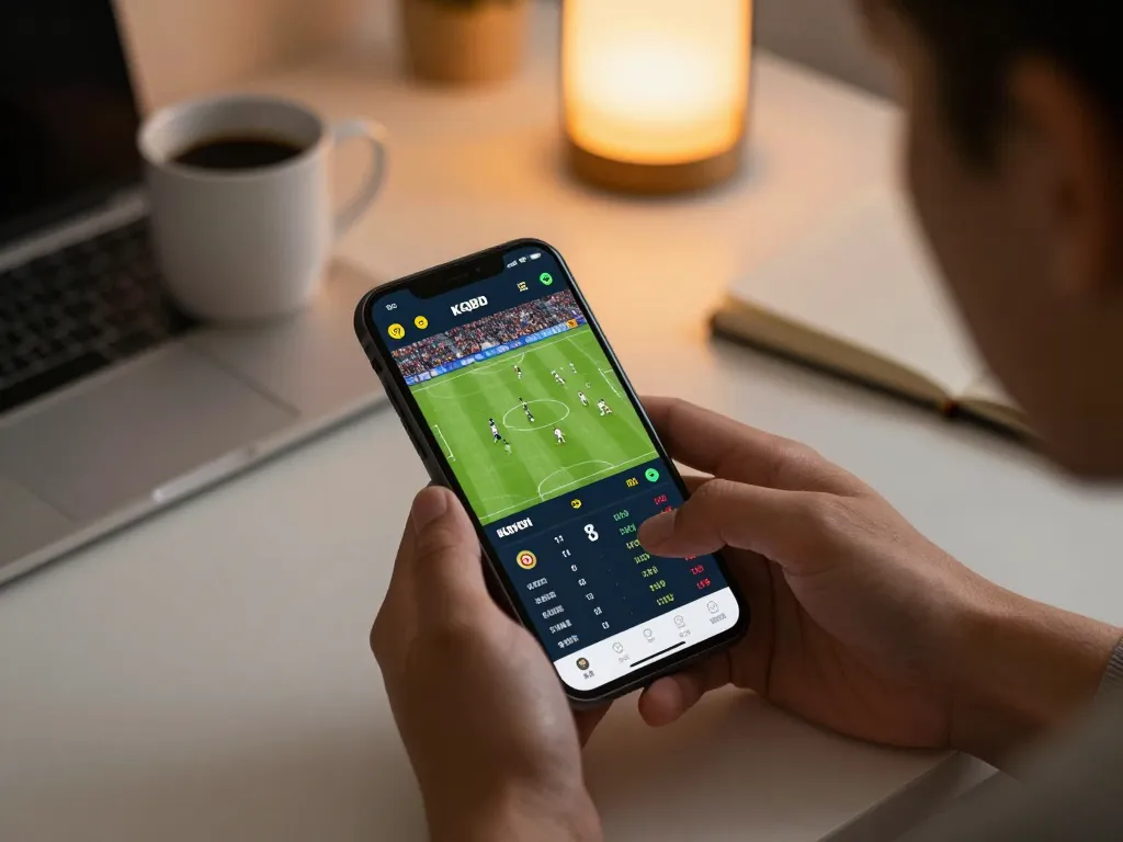 KQBD user analyzing live soccer scores on a smartphone, immersed in the game.