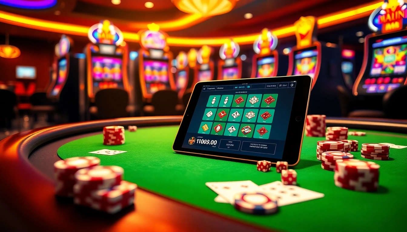 Experience the thrill of online gambling at https://nk88.sa.com/ with a vibrant casino scene featuring poker, chips, and dice.