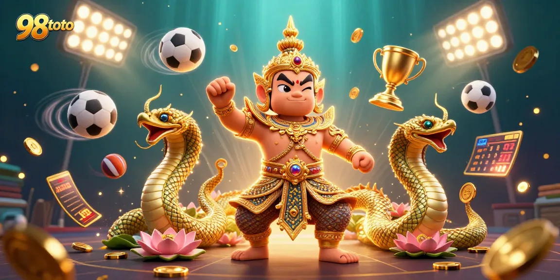 Menangkan hadiah di 98toto dengan permainan lotere menggunakan karakter penjaga kuil berarmor emas dan latar gemerlap.