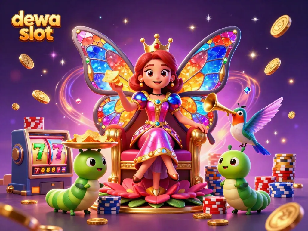 Ilustrasi ceria dewa slot dengan ratu kupu-kupu dan chip sambil menangkap koin emas.