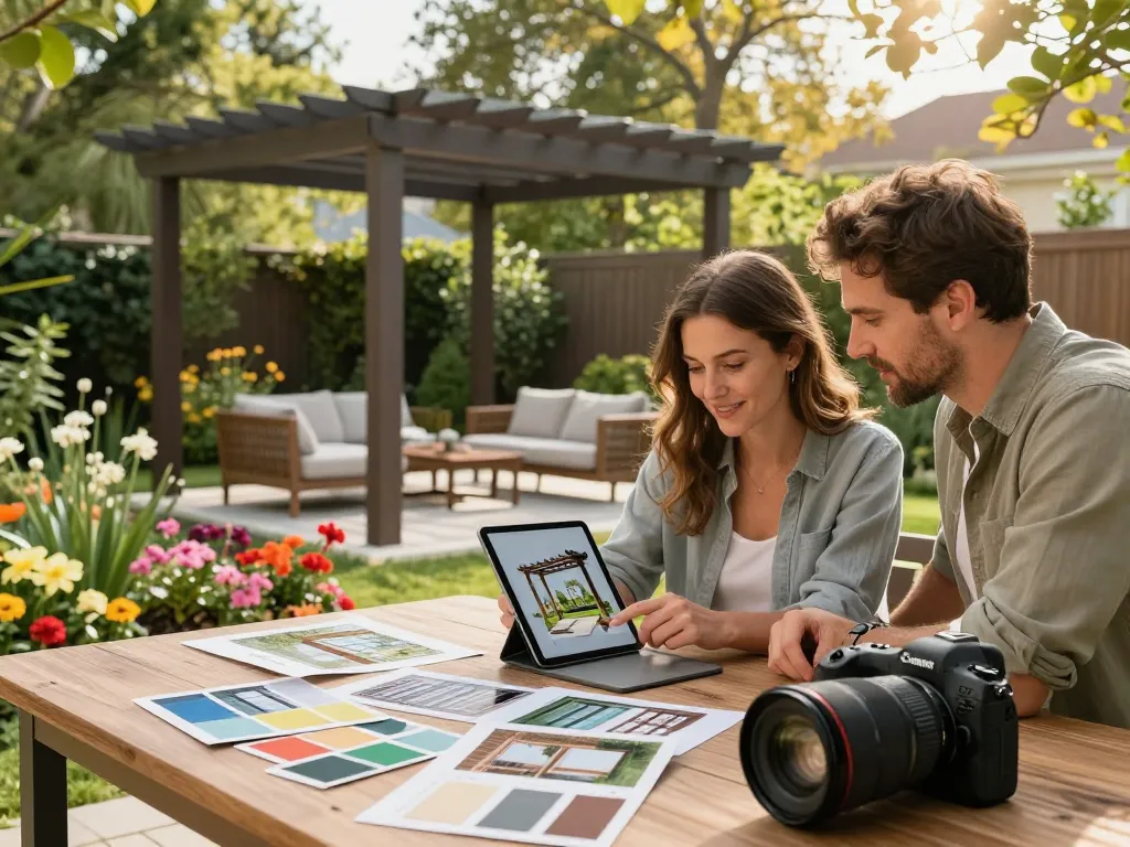 Couple using configuratore 3D per pergole in a sunny garden setting to design a custom pergola.