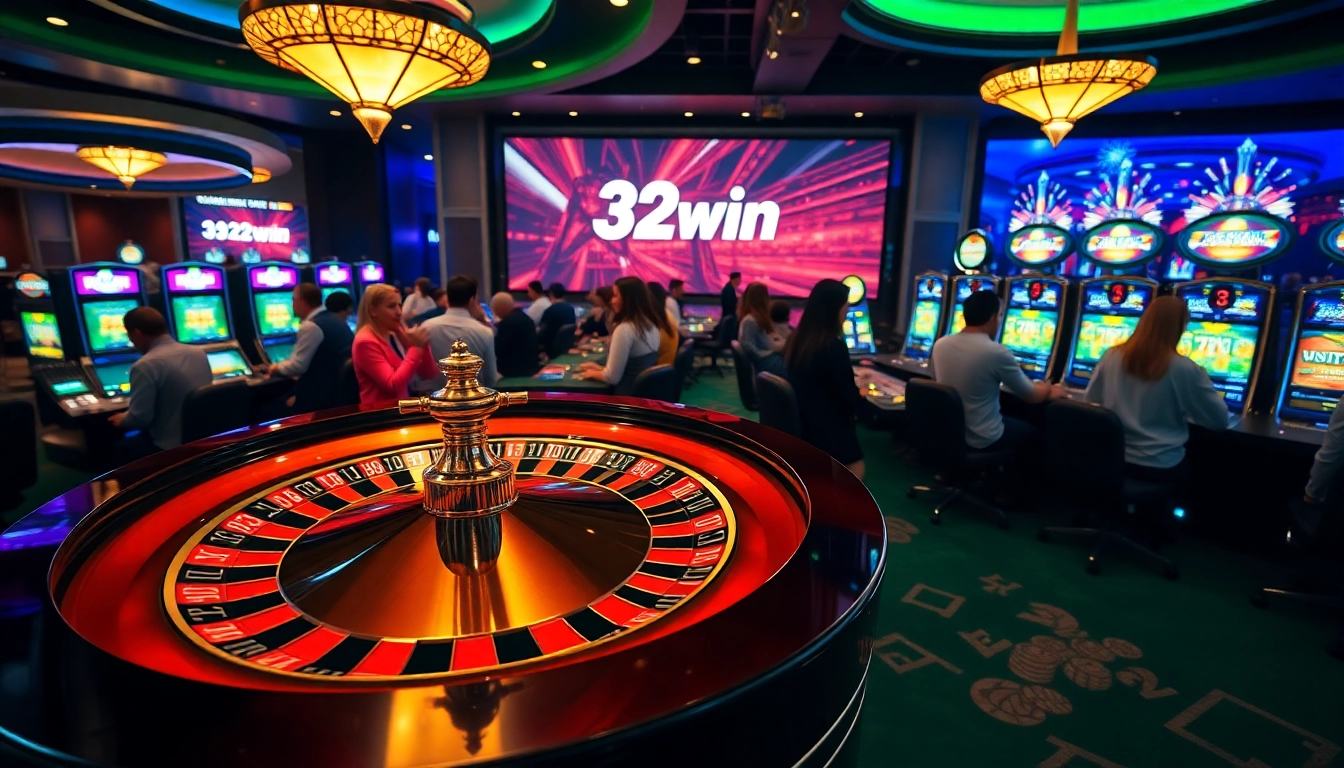 Players enjoying the thrill of 32win's casino games at a vibrant roulette table.