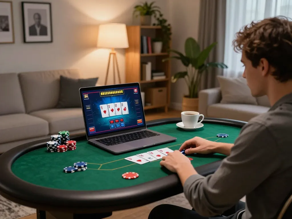Engaged player at https://www.atqvn.com/ enjoying online poker in a cozy home setting with vibrant graphics and warm lighting.