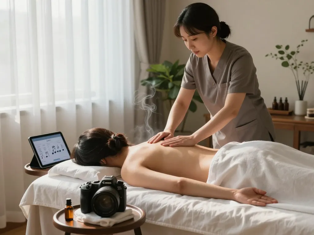 편안한 장식과 부드러운 조명의 평화로운 마사지 스튜디오에서 신사동마사지를 즐기는 고객.