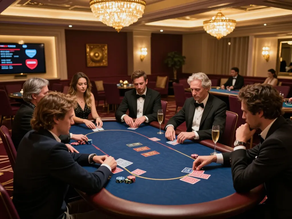 Players engaged in high-stakes poker in a VIP room at vipwin casino, showcasing luxury and focus.