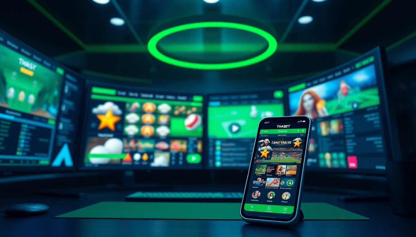Experience thrilling online gaming at https://tha-bet.pro/, showcasing engaging slots and sports betting on digital screens.