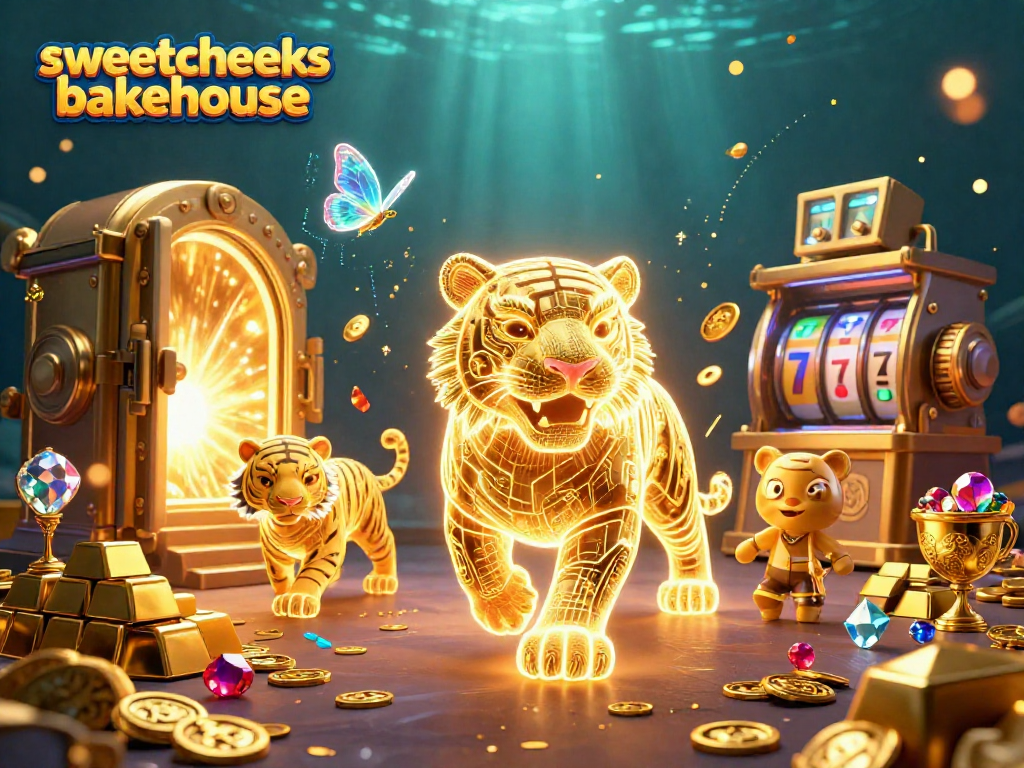 Experience exhilarating casino action with sweetcheeksbakehouse featuring a glowing tiger amidst treasures and slot reels.