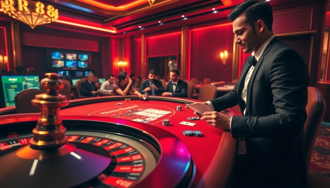 RR88 provides an exciting casino experience with players engaging in high-stakes poker amidst vibrant lights.