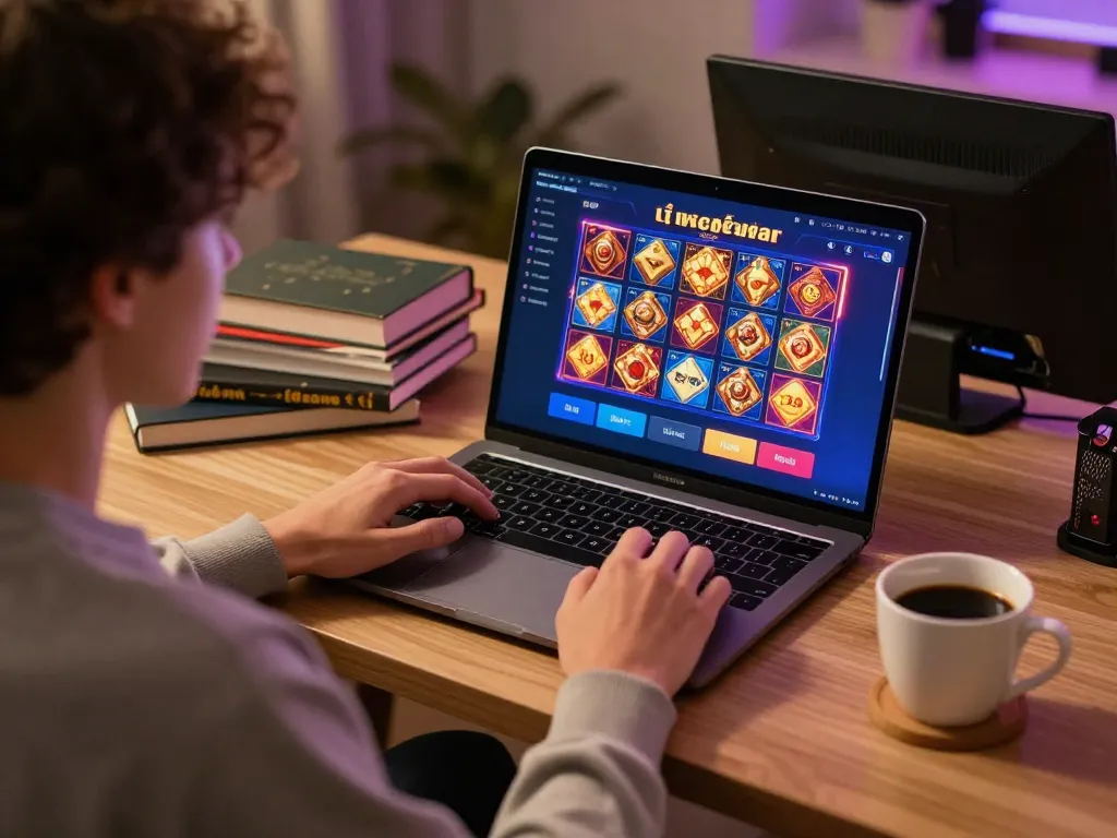 A player engaging with the สล็อต game on a laptop at home, highlighting a strategic approach to online gambling.