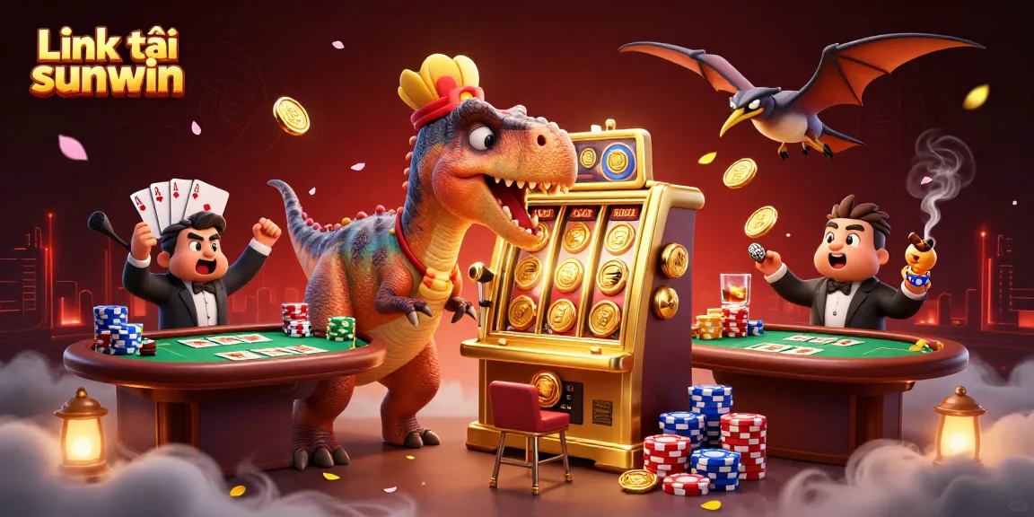 Experience thrilling wins with Link tải sunwin, a vibrant scene of dino characters in a casino setting.