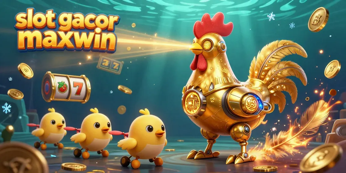 Engage with dynamic slot gacor maxwin gameplay, featuring a golden rooster robot and baby chick drones amidst slot symbols and gold.
