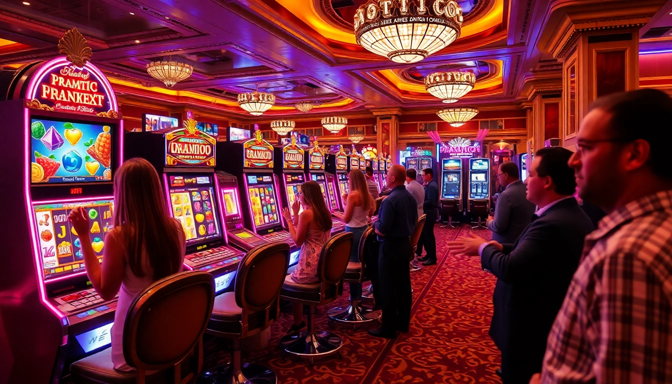Players engaging with a colorful pragmatic slot machine in a luxurious casino setting.