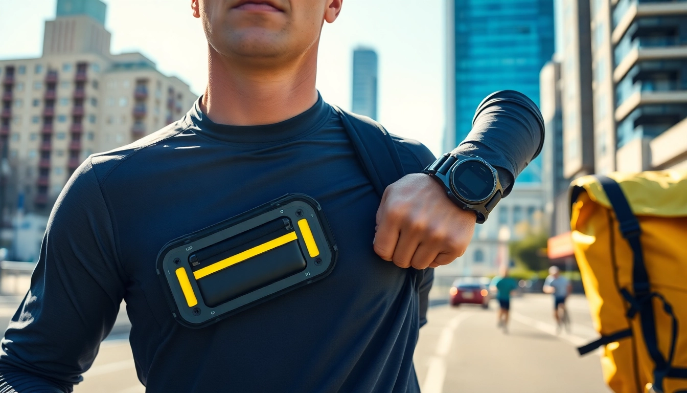 Runner utilizing essential running accessories, showcasing gear in an urban environment.
