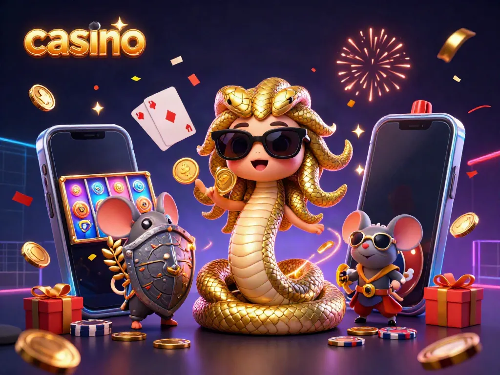Play thrilling casino games with a fun Medusa and a mouse warrior amid colorful slot machines and festive elements.