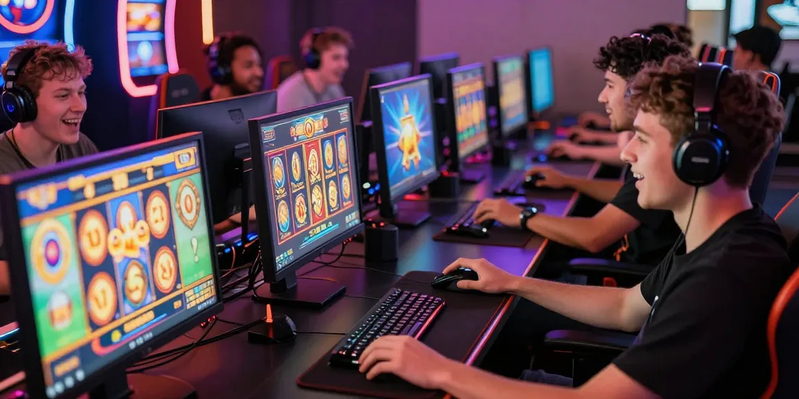 Gamers enjoying slot games with vibrant screens and prizes in an electric atmosphere.