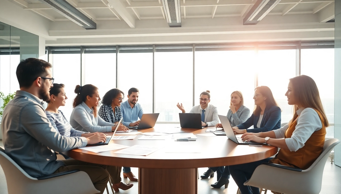 Professionals discussing businesses for sale in a modern office environment.