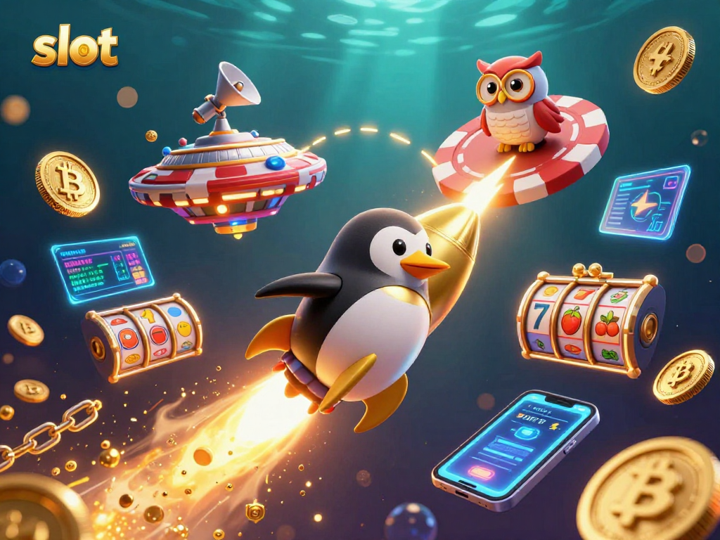 Menggenggam slot dengan penguin emas yang meluncur di luar angkasa, melewati simbol kasino yang cemerlang