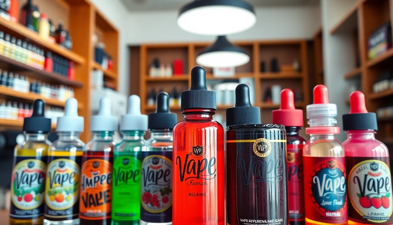 Explore an array of colorful vape juice bottles at a modern vape juice depot.