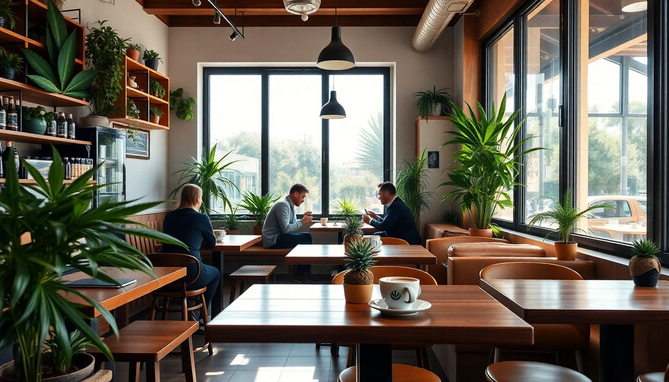 Kunden genießen Cannabis Coffee Shop Lloret de Mar in einem gemütlichen Ambiente mit natürlichem Licht.