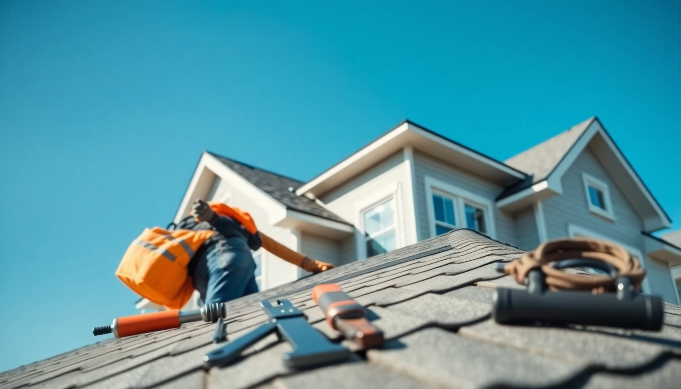 Roofer performing roof repair on a residential property in bright daylight.