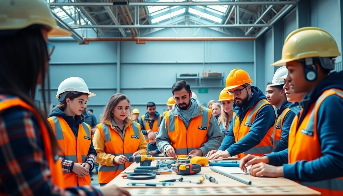 Engaged participants in construction workforce training wearing safety gear during hands-on learning.