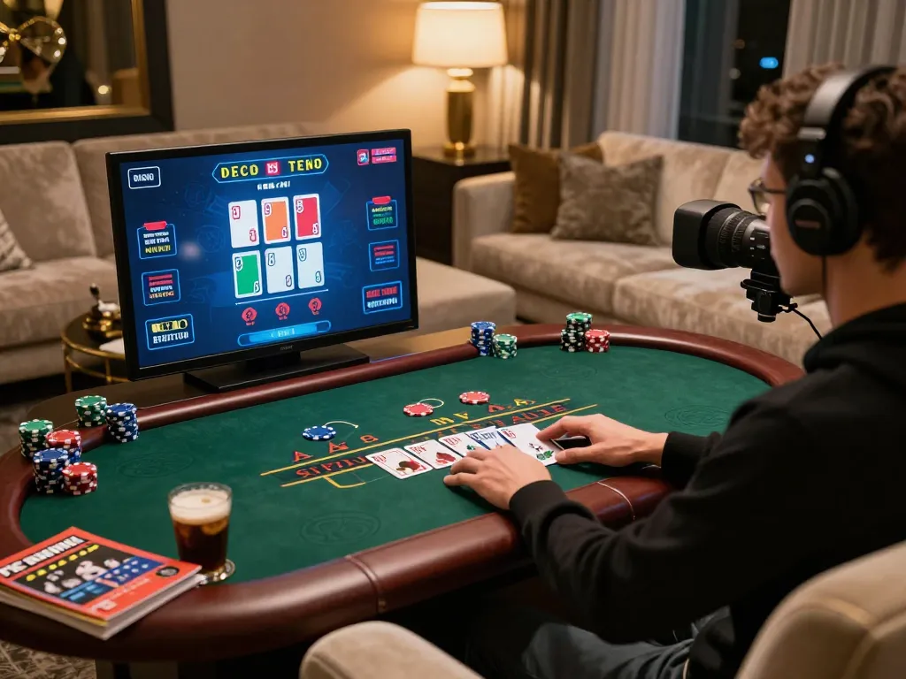 Player engaged in online blackjack with 32win on laptop in cozy living room