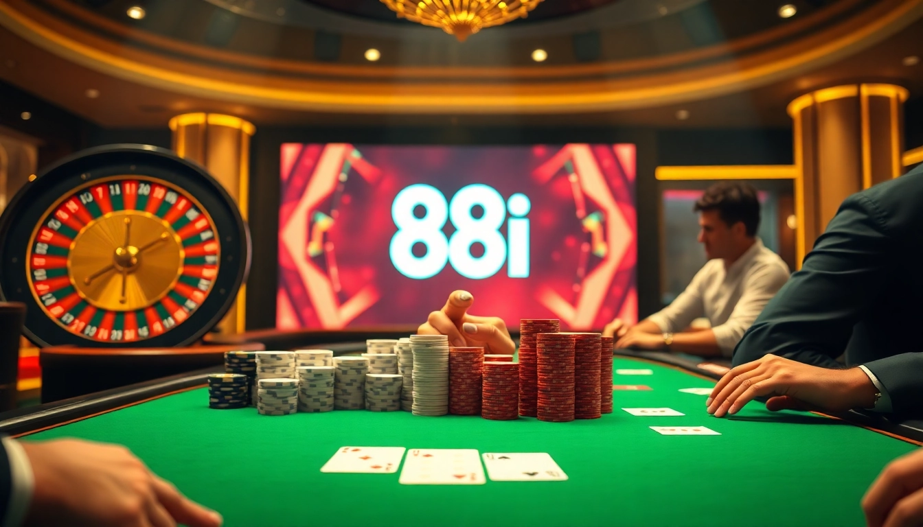 Players enjoying a thrilling game at the casino while showcasing 88i branding.