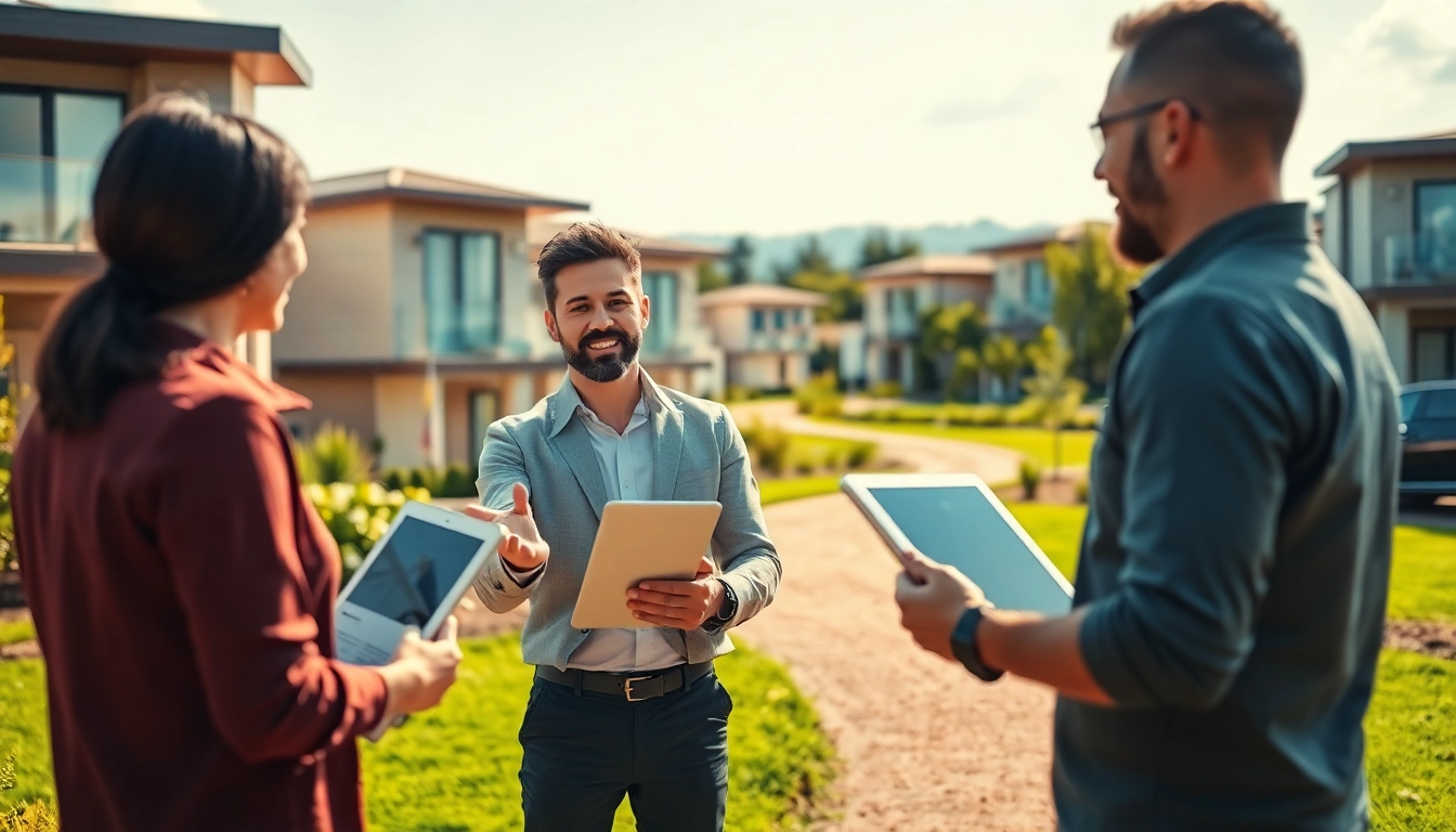 Real Estate agent showcasing a property to potential buyers in a vibrant setting.