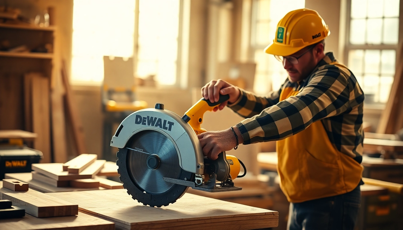 Carpenter using DeWalt tools for precise cutting in a workshop.