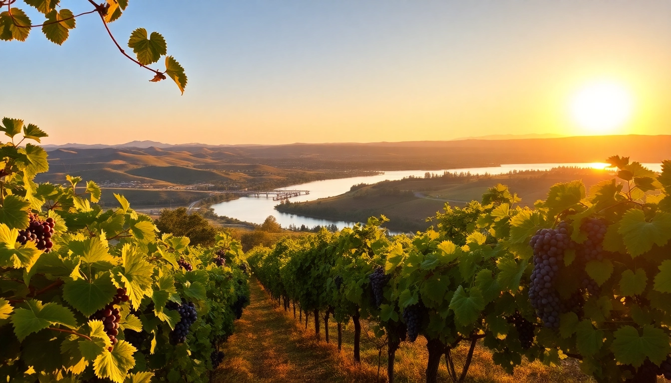 Carksburg CA vineyard landscape at sunset highlighting grapevines and the Sacramento River.