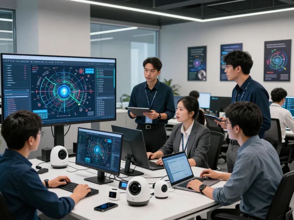 Cybersecurity experts addressing security challenges in a modern office, showcasing teamwork and technology.