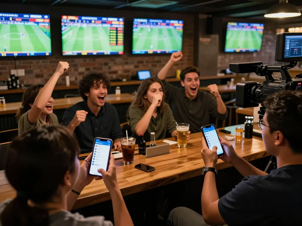 Kèo nhà cái betting scene with friends using smartphones to place live sports bets in an exciting atmosphere.