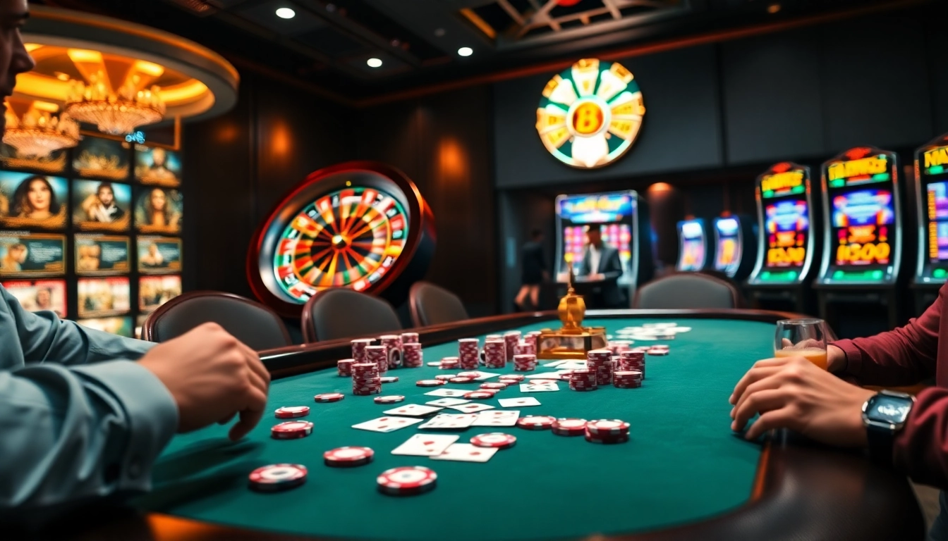 Experience excitement at https://urr88.com/ with players enjoying poker and vibrant roulette action in a luxury casino setting.