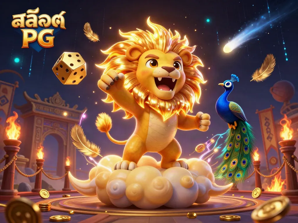 ภาพการเล่นเกมสล็อต PG ที่แสดงถึงสิงโตพระอาทิตย์และลูกเต๋าทองคำในบรรยากาศคาสิโนที่เหนือจินตนาการ
